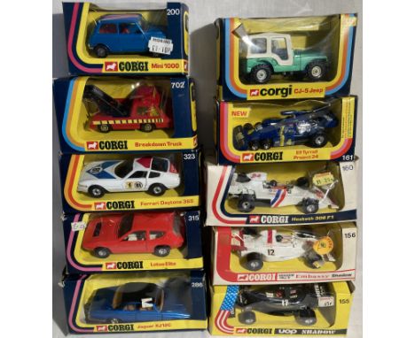 Corgi: A collection of ten Corgi Toys vehicles to include: Graham Hill&rsquo;s Shadow F1 156, Hesketh F1 160, Mini 1000 200, 