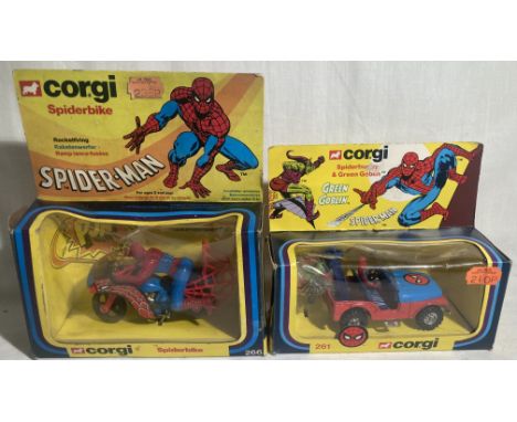 Corgi: A boxed Corgi Toys, Spiderbike 266; and Spiderbuggy &amp; Green Goblin 261.&nbsp;Both with original boxes with header 