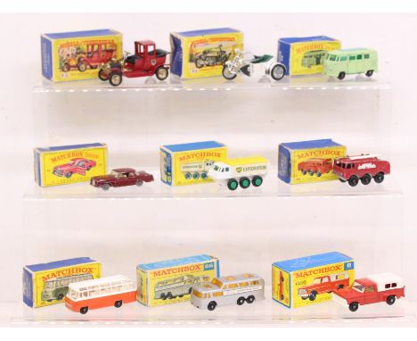 Matchbox: A collection of nine assorted boxed Matchbox vehicles to comprise: Alvis Stalwart 61, Fire Fighting Crash Tender 63