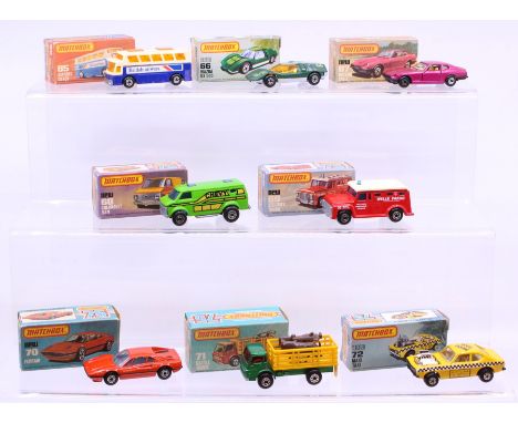 Matchbox: A collection of eight assorted boxed Matchbox 75 Series vehicles to comprise: Airport Coach 65, Mazda RX 500 66, Da