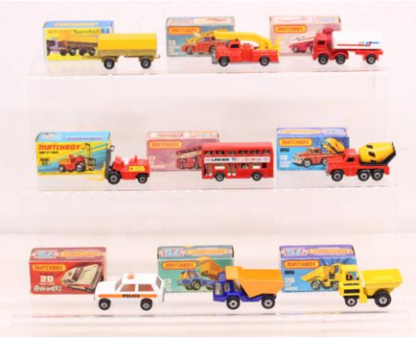 Matchbox: A collection of nine assorted boxed Matchbox 75 Series vehicles to comprise: Mercedes Trailer 2, Snorkel Fire Engin