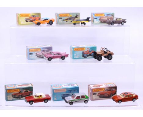 Matchbox: A collection of eight assorted boxed Matchbox 75 Series vehicles to comprise: Dodge Challenger 1, S-2 Jet 2, Porsch