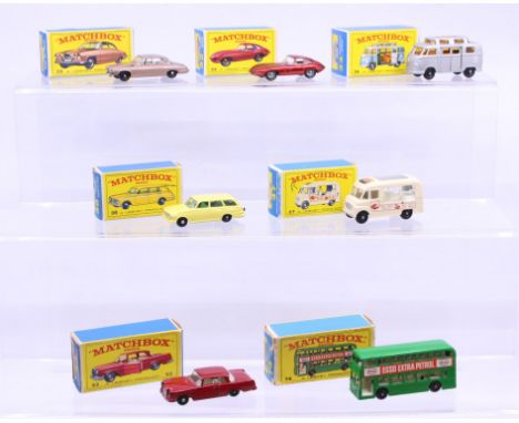 Matchbox: A collection of seven assorted boxed Matchbox 75 Series vehicles to comprise: Mark Ten Jaguar 28, E Type Jaguar 32,