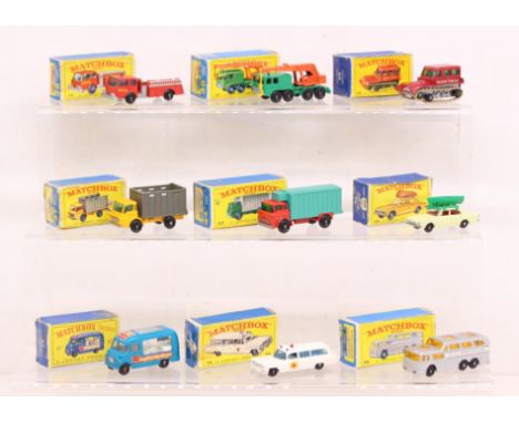 Matchbox: A collection of nine assorted boxed Matchbox 75 Series vehicles to comprise: Fire Pumper Truck 29, 8-Wheel Crane 30