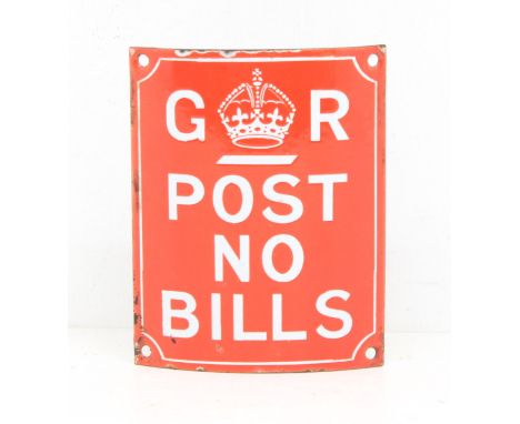 Railwayana: An early 20th century, 'GR Post No Bills' curved enamel sign, possibly removed from a railway station post box. G