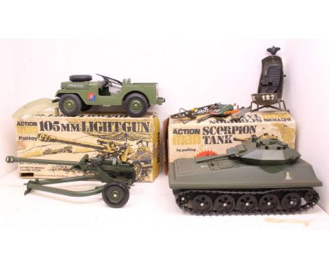 Action Man: A pair of boxed Palitoy Action Man vehicles, Scorpion Tank and 105mm Light Gun; together with an unboxed Action M