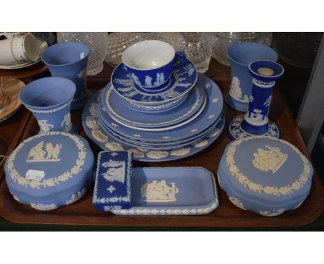 A Tray Containing Blue and White Wedgwood Jasperware to Include Vases, Boxes, Trinket Dishes, Candle Stick, Cup and Saucer et