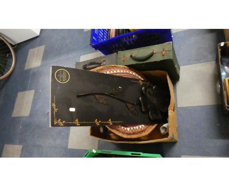 A Box Containing Animal Skin Shield, Three Branch Chandelier, Two Boxes of Records etc 