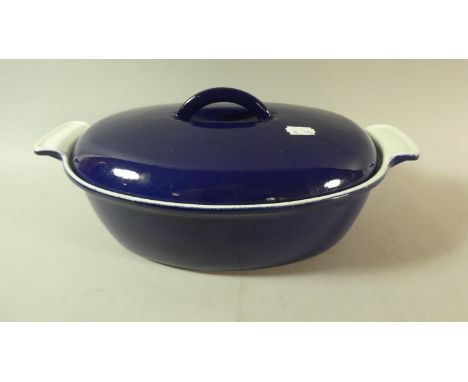 An Oval Blue Enamel Aga Two Handled Cooking Pan with Lid, 35.5cm Wide 