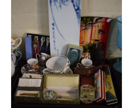 A Tray of Various Oriental Items to Include Blue and White Panel, Coffee Cans and Saucers, Seated Buddha, Boxed Mirror, Seals