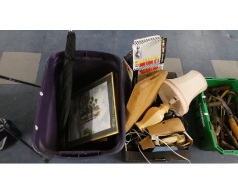 Two Boxes Containing Umbrella, Pictures and Prints, Table Lamp, Telephone, Spot Light etc 