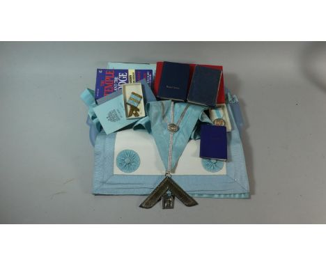 A Tray Containing Various Masonic Ephemera to Include Apron, Sash, Jewels, Books, Pamphlets etc 