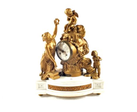 A white marble striking mantel clock with gilt metal lady and cherub mounts, marked Le Triomphe De L'amour