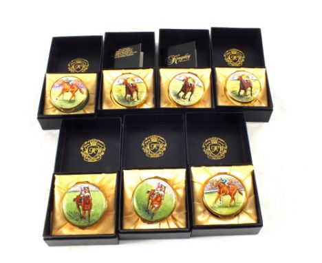 Boxed Kingsley enamel boxes with racehorse lids, User Friendly 1992 (3), Locksono 1993 (2) and Generous 1991 (2)