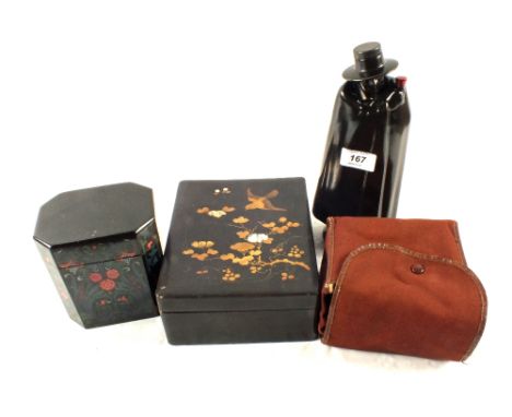 A Royal Doulton Sandeman Port flask, lacquer box, tea caddy and a box cameras