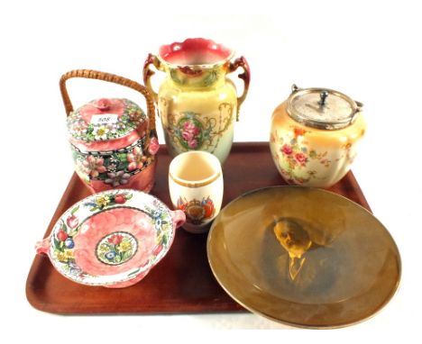A Maling pink lustre biscuit barrel and bowl, Edward VII portrait plates and other china
