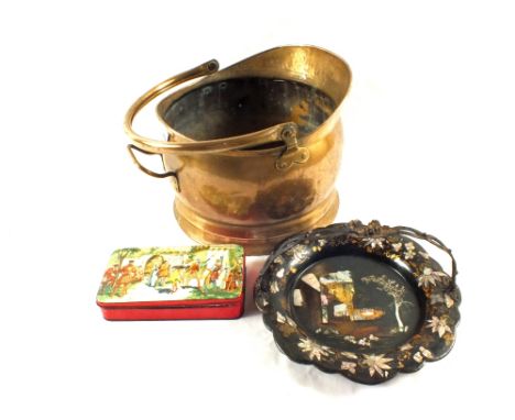 A Brass coal helmet, a Victorian papier mache and a Mother of Pearl handled cake plate etc