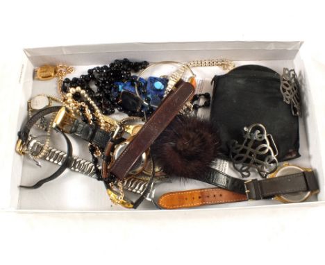 A Silver nurses buckle, Stratton compact, watches and costume jewellery