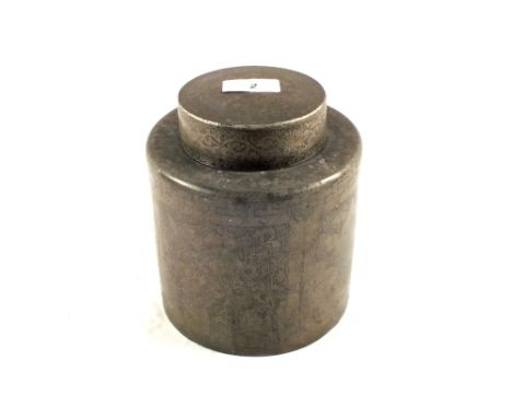 A Chinese Swatow pewter tea caddy with incised floral decoration