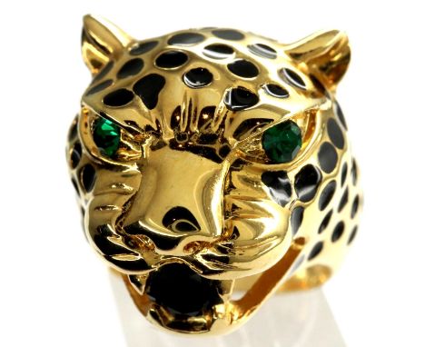 Large gold enamelled and stone set plated tigers head ring, size N. P&amp;P Group 1 (£14+VAT for the first lot and £1+VAT for