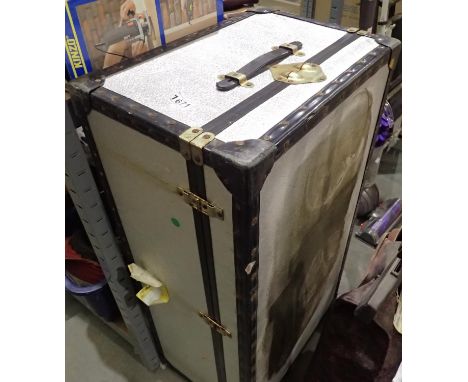 Large metal bound steamer style travel trunk, 93 x 51 x 35 cm H. Not available for in-house P&amp;P 