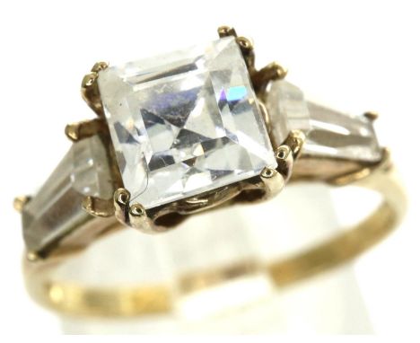 9ct gold Princess cut solitaire ring set with CZ and stone set shoulders, size N, 2.2g. P&amp;P Group 1 (£14+VAT for the firs