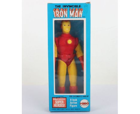 Vintage Mego Marvel Iron Man 8 inch Action figure 1975 in original Blue box, Unpunched 3 panel 5 digit, Old Logo box, 2nd iss
