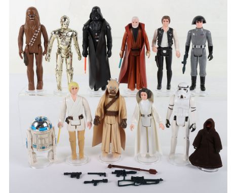 Vintage Star Wars First Twelve loose action figures Kenner, including Stormtrooper, Luke Farmboy, Darth Vader, Chewbacca, Jaw