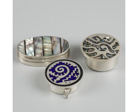 Consisting of two round and an oval model. Sleekly executed, two with inlaid mother-of-pearl and the other with enamel. Mexic