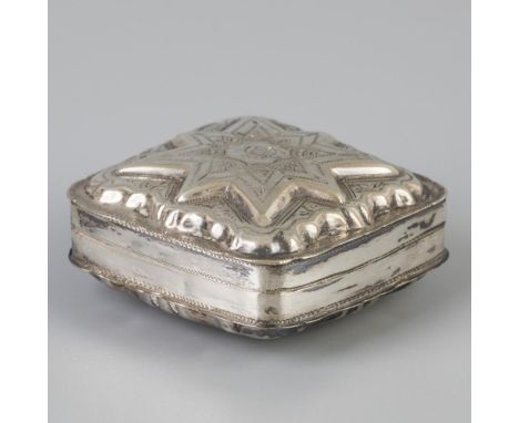 Square is convex model with embossed star shape with engraved decorations. Netherlands, 1882, hallmarks: lion, Minerva, illeg