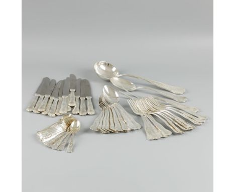 Consisting of 12 dinner forks, 12 dinner knives, 12 dinner spoons, 12 dessert spoons, soup spoon, vegetable spoon and a meat 