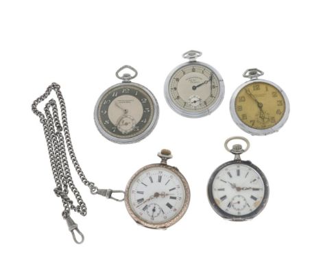 Manual winding - condition: decent - diameter: 44-48 mm - plexiglass - Lot with 2x silver and 3x steel pocket watches in vari