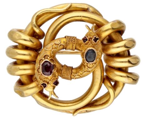 Hallmarks: 750. With a faceted sapphire and ruby ​​(2x approx. 3.5 x 2.5 mm). Light wear damage. LxW: 2.8 x 3.2 cm. Weight: 8