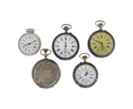 Manual winding - condition: flawed - diameter: 40-49 mm - plexiglass - Lot with 2x silver and 3x steel pocket watches in vari