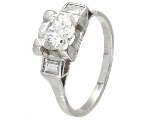 Hallmarks: Pt. Maker's mark: AB. With one old European cut and two baguette cut diamonds (1x approx. 1.30 ct. and 2x approx. 
