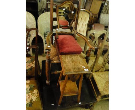 An oak ladder back elbow chair, coffee table, stool, etc.