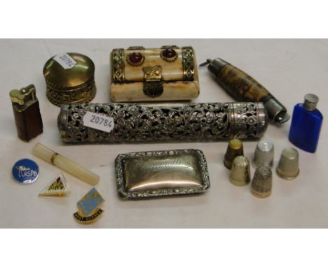 Bone box, cigarette lighter, thimbles, etc.
