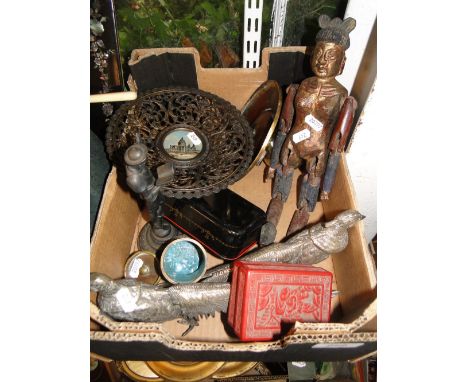 Pair of plated pheasants, an Oriental carved wood puppet, a cast-metal tazza, etc.