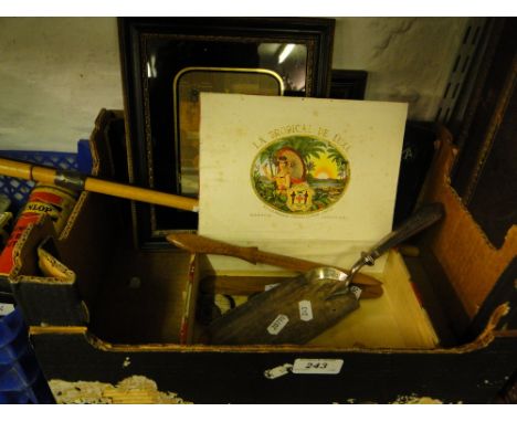 Victorian framed prints, Regimental buttons, swagger stick, walking stick, etc.
