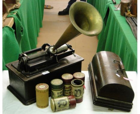 An early Edison cylinder record player with brass horn, and various cylinders.