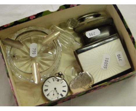 An Art Deco white and black enamel cigarette case, silver vesta, pocket watch, etc.