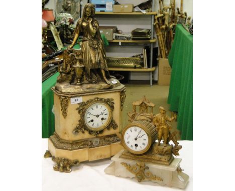 A continental marble and gilt brass 2-train mantel clock surmounted by a figure, and a continental alabaster and spelter cloc