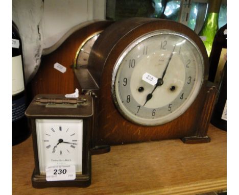 Brass carriage clock by Thwaites & Reed, London and 2 mantel clocks.