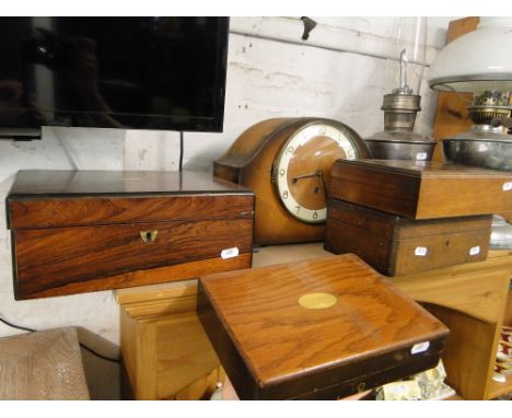 Westminster chimes mantel clock, 2 oil lamps and 4 boxes.