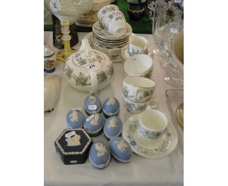 Wedgwood "Ashford" teaset including teapot, and Wedgwood Jasperware eggs.