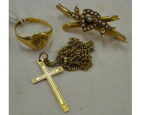 An 18ct gold gent's signet ring, an 18ct gold cross 5.3g, a 9ct gold chain 3.8g, and an unmarked gold and seed pearl heart br