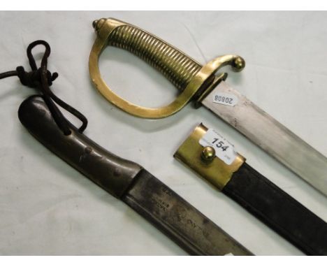 A machete by Yates of Birmingham with horn handle and a reproduction sword in brass mounted leather scabbard.