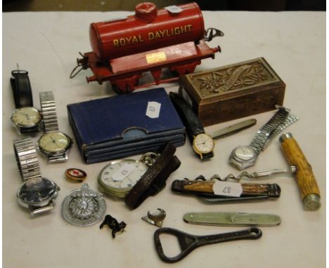 Corkscrew, watches, pocket watch and a Meccano wagon, etc.
