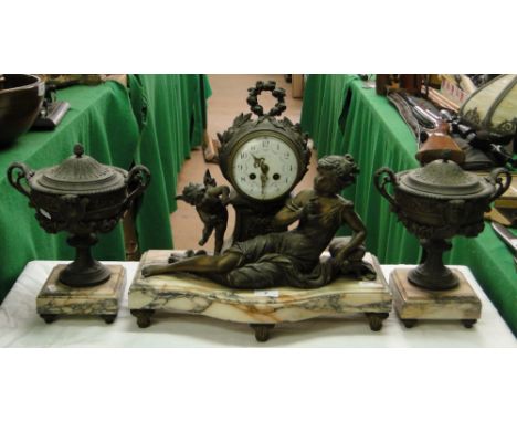 A continental 3-piece clock garniture on marble plinths.