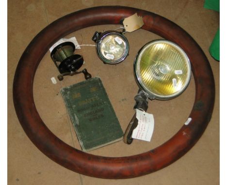A Lucas spotlamp, Lucas bicycle lamp, fishing reel & a Dunlop motor cycle inner tube